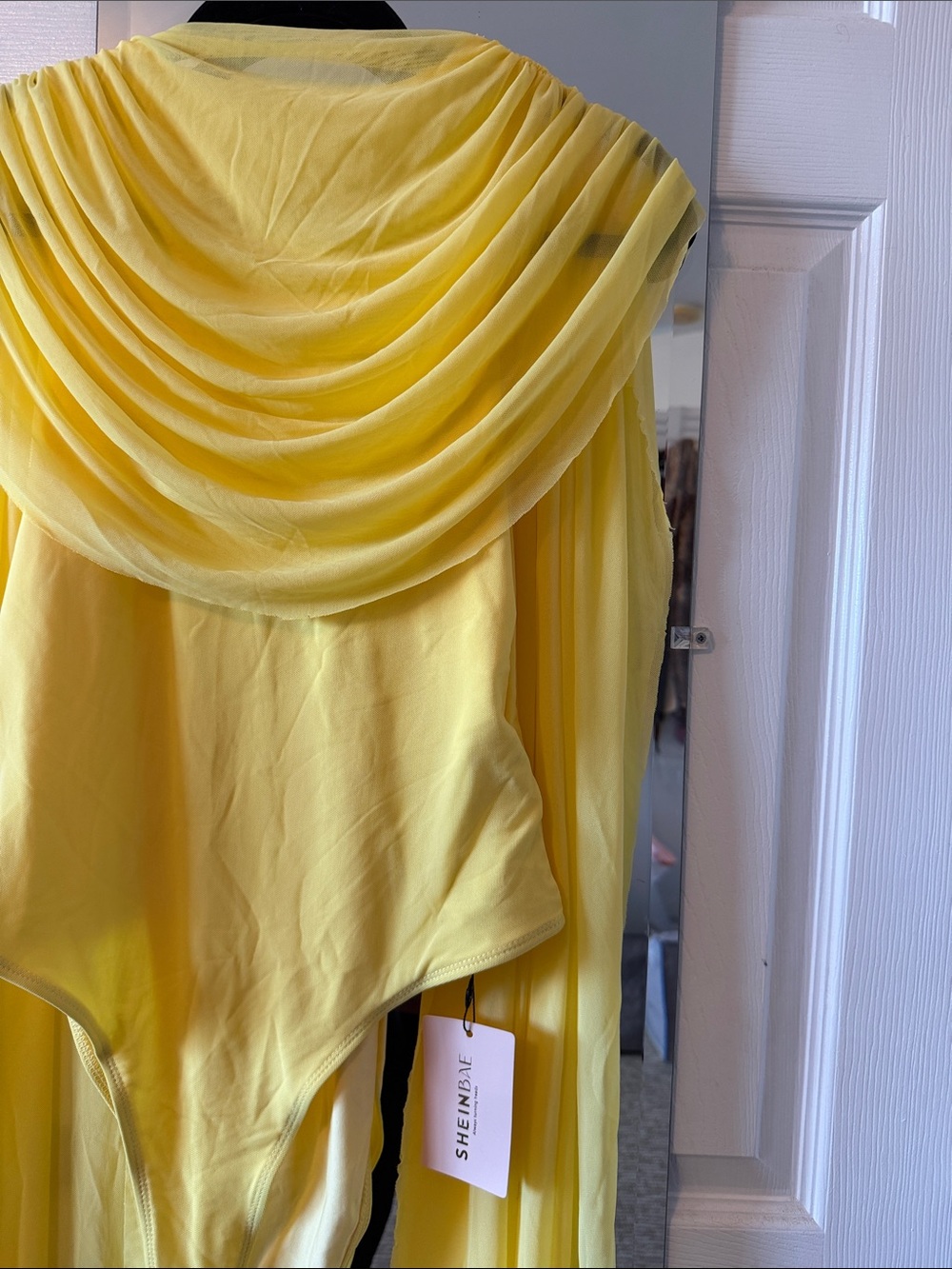 SHEIN Yellow Sheer Chiffon Bodysuit with scarf drape - Picture 5 of 9